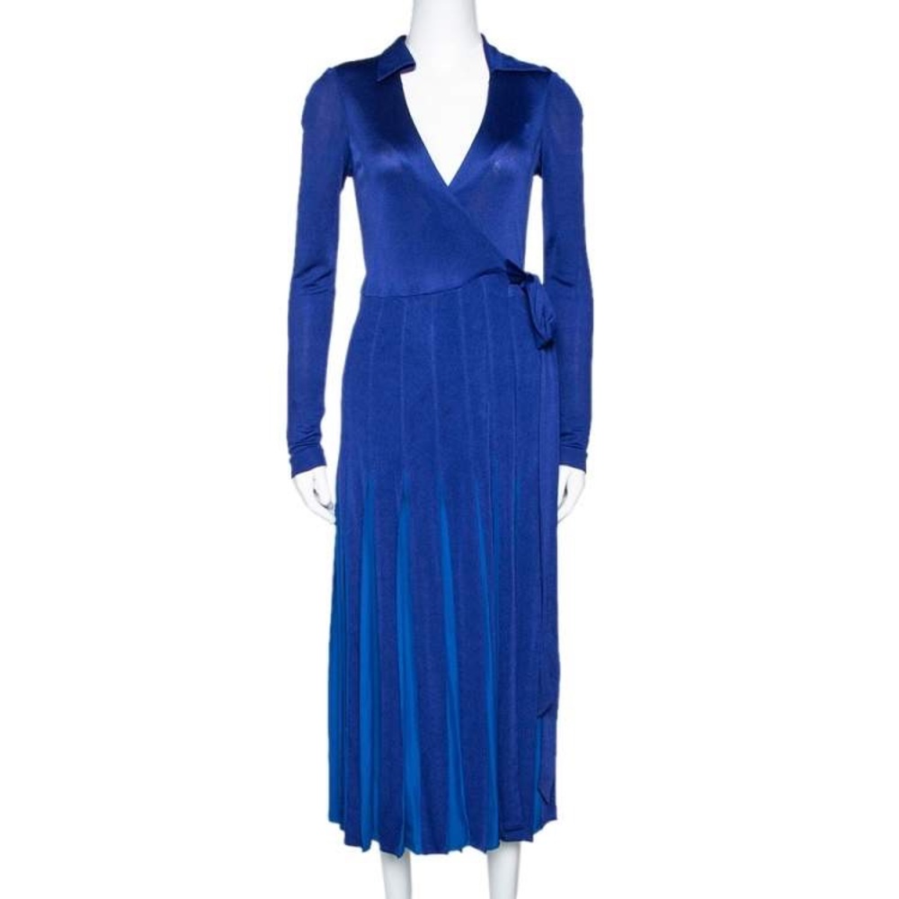 DVF Diane von Furstenberg Stevie Silk Wrap Dress Blue Midi Long Sleeve 0 Wedding - Picture 6 of 9